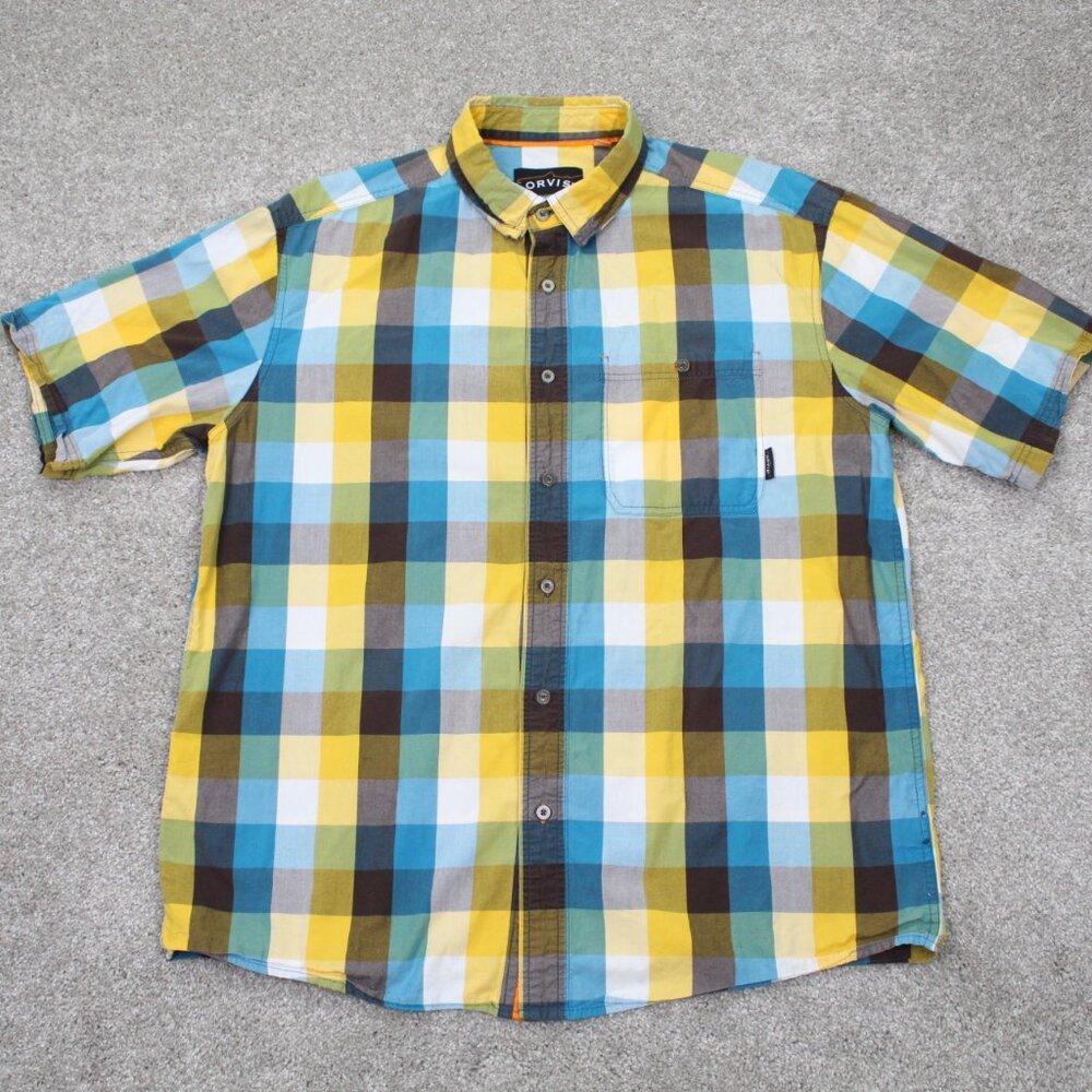 Orvis Shirt Mens Large Yellow/Blue/White Plaid 100% Cotton S/S Button Up‎